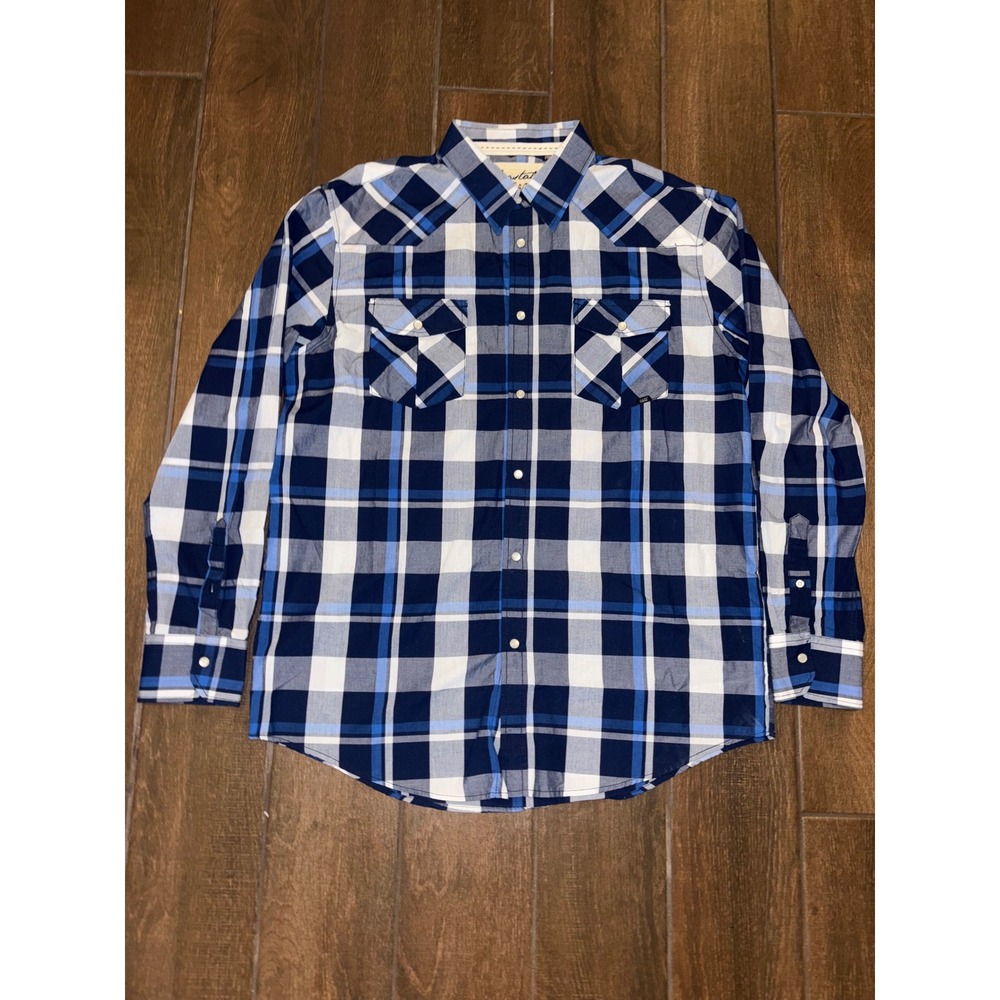 Coastal Western Pearl Snap Shirt XL Blue White Plaid Long Sleeve Button Down